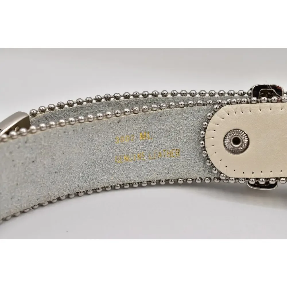 Cream Genuine Leather Rhinestone Western Belt M/L Silver Studded Crystal Y2K